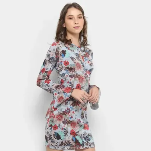 Vestido fitwell curto tubinho floral - azul