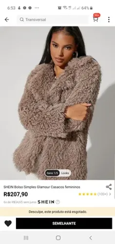 Casaco guamour peludo cor rosa pó tamanho P