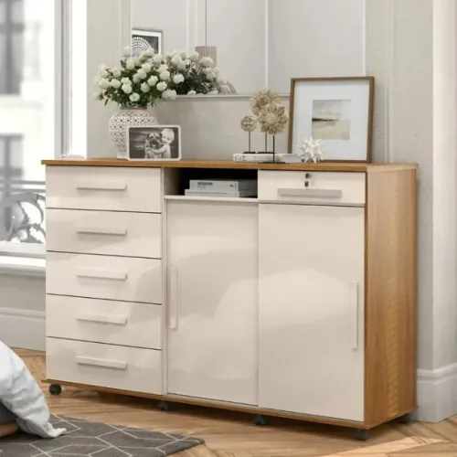 "Sofisticação e Organização: Cômoda Max Off White com 6 Gavetas e Prateleiras" - Em Oferta