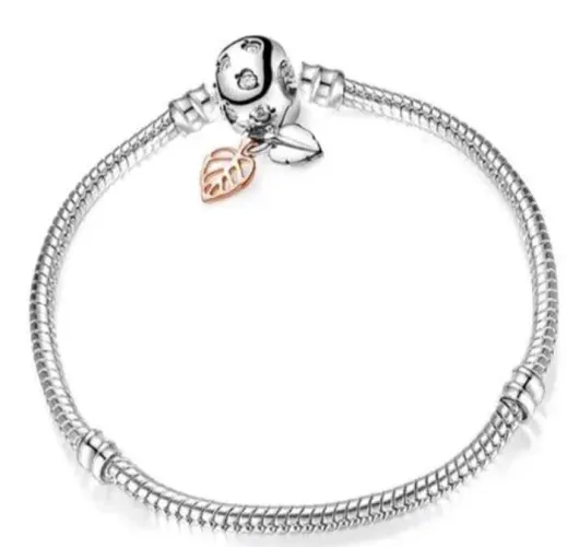 Pulseira Estilo Pandora Snake com Charm Folhas