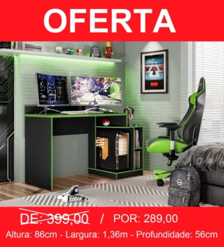 Mesa Gamer preto com verde - Entrega e montagem gratis