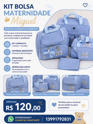 Kit bolsa maternidade com nome miguel