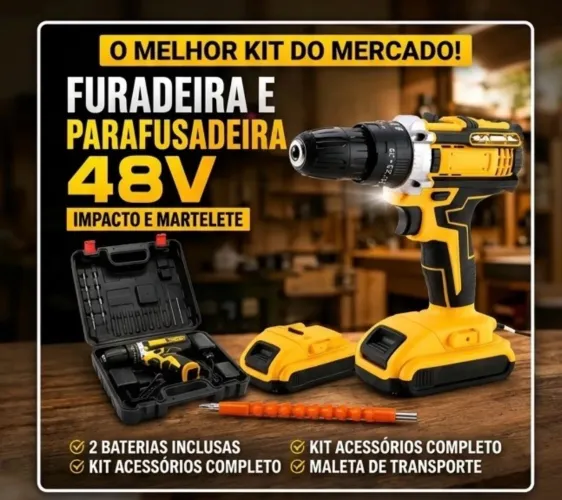 Parafusadeira e Furadeira de Impacto 48V sem Fio + 2 Baterias e Maleta Completa