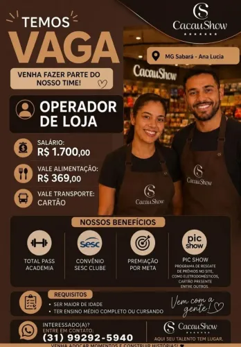 CACAU SHOW VAGA PARA OPERADOR DE LOJA 