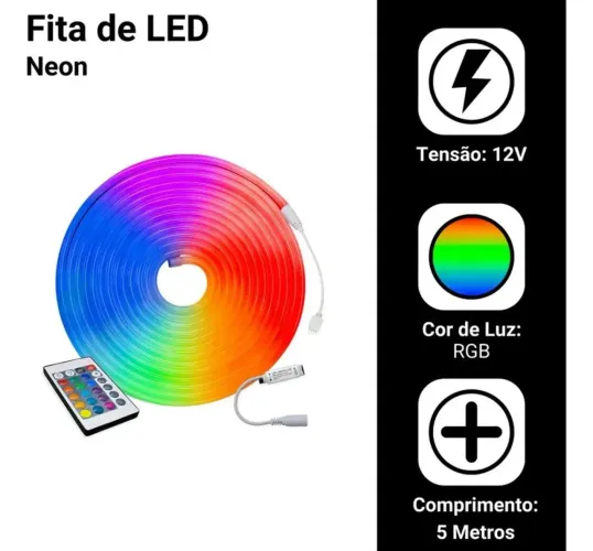 FITA LED NEON FLEX RGB 12V 5M 8W/M + FONTE DE TOMADA 6A 72W