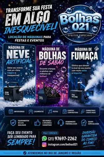 Neve artificial, bolhas e fumaça