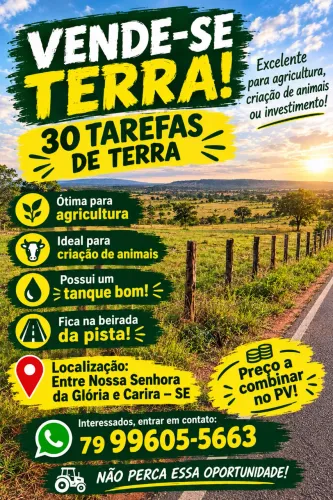 Vendo 30 tarefas de terra em Nossa Senhora da Glória 