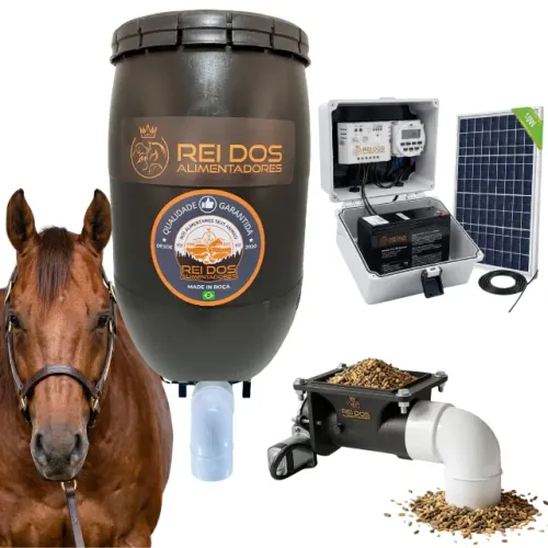 Alimentador Automático com Kit Solar 30L p/ Galinha, Peixe, Cavalo, Cachorro com Kit Solar