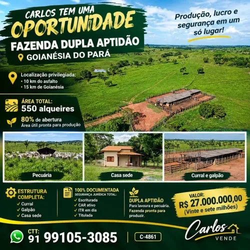 Fazenda com 2.662 hectares de dupla aptidão em Goianesia do Pará