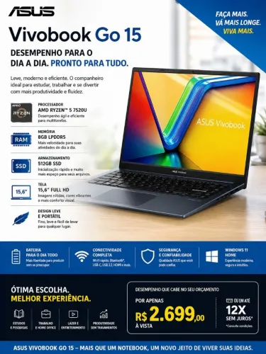 Notebook Asus Vivobook Go 15 Ryzen 5 6520U 8Gb Ram 512Gb Ssd