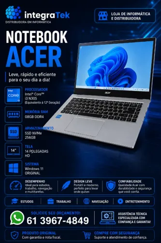 NOTEBOOK ACER I3 N305(EQUIVALENTE A 12 GERACAO) 08GB RAM DDR4 SSD NVME 256GB TELA 14 POL