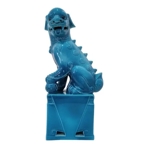 Estatueta Cão de Fó Porcelana Chinesa Azul Turquesa 26 cm