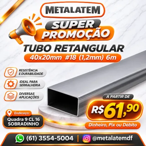 Tubo Metalon Retangular 40x20mm chapa #18 (#1,2mm) 6m