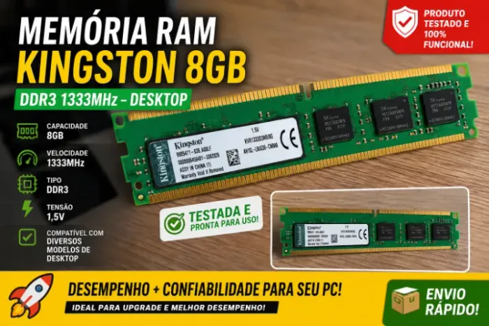 Memória Kingston 8GB DDR3 1333MHz Desktop - KVR1333D3N9/8G
