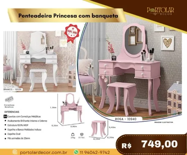 Penteadeira Princesa com Banqueta, a pronta entrega