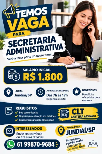 Vaga para Secretária Administrativa