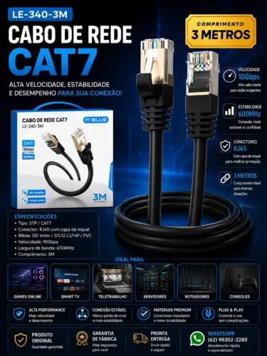 Cabo de Rede CAT7 3 Metros LE-340-3M RJ45 Internet Alta Velocidade