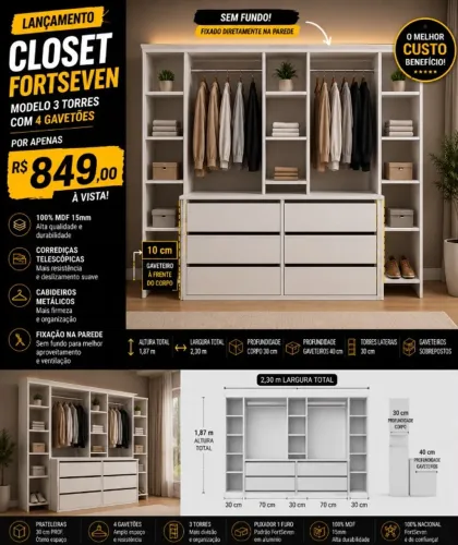 CLOSET CM 6 GAVETAS/3 TORRE/CABIDEIROS MDF NOVO