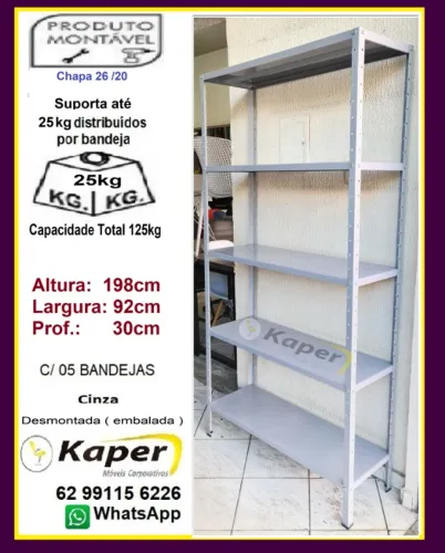 Estante de Aço cinza c/ reforço P30 ( nova ) Organize com Facilidade - Promoção