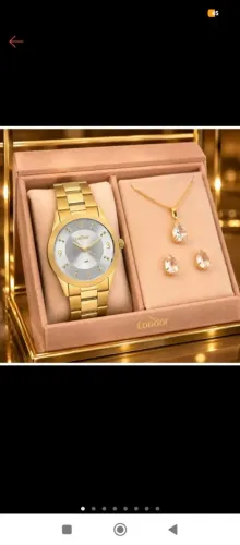 Kit Relógio Feminino Condor Dourado + Semijoias (Colar e Brincos) - Perfeito e Na Caixa!