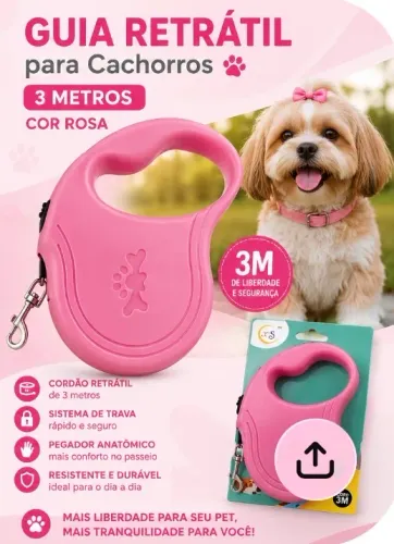 Guia retrátil 3metro para Cães e Gatos