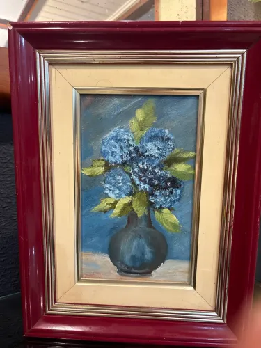 Quadro Pintura Óleo Sobre Tela Hortênsias Azuis Com Moldura (41x30)