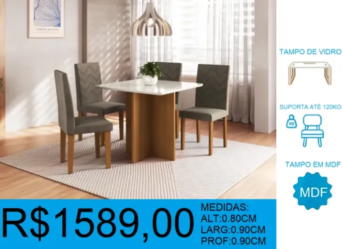MESA - TAMPO EM VIDRO - 4 CADEIRAS - ESTOFADAS- COMPRE HOJE E RECEBA EM ATÉ 72 HORAS