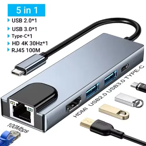 Hub Adaptador 5 em 1 USB-C para RJ45(100M), HDMI 4K, USB 3.0/2.0 e Usb-c PD