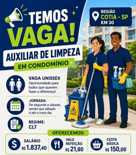 Vaga de auxiliar de limpeza em cotia 