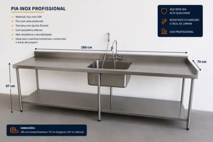 Pia bancada industrial em inox