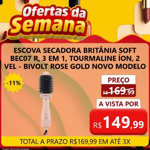 ESCOVA SECADORA BRITÂNIA SOFT BEC07 R, 3 EM 1, TOURMALINE ÍON, 2 VEL - BIVOLT ROSE GOLD NO
