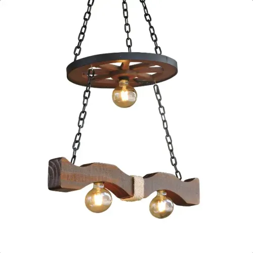 Luminária Rústica Caibro Roda De Carroça Antiga Bivolt E-27 110v/220v Madeira Natural