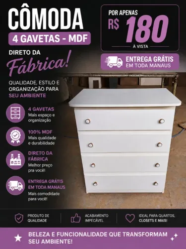 Cômoda 4 gavetas direto da fábrica promoção 180$ mdf