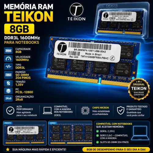 Memória RAM Teikon 8GB DDR3L 1600MHz SO-DIMM - Notebook