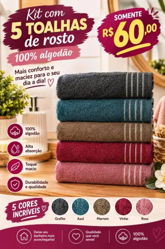 Kit 5 toalhas de rosto 100% algodão