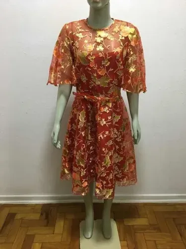 Vestido Alfaiataria Organza Tamanho P Vermelho Estampa Flor
