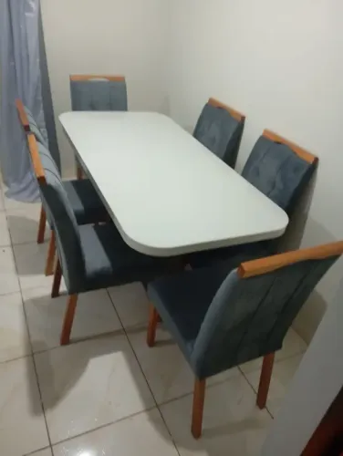 Mesa de jantar 6 lugares quartzu cadeiras em em linho ou veludo