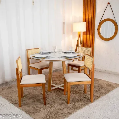 Mesa de Jantar Atlanta Redonda 120cm + 4 Cad. Santorini Linho Bege