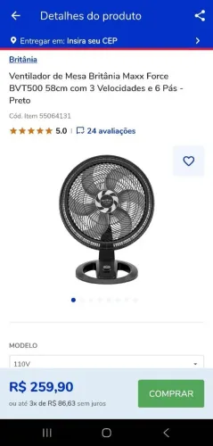 Ventilador de Mesa Britânia Maxx Force BVT500 58cm com 3 Velocidades e 6 Pás - Preto -110v