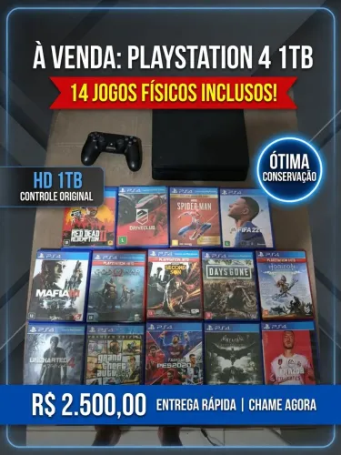 PlayStation 4 slim 1 tera de HD + 14 jogos físicos