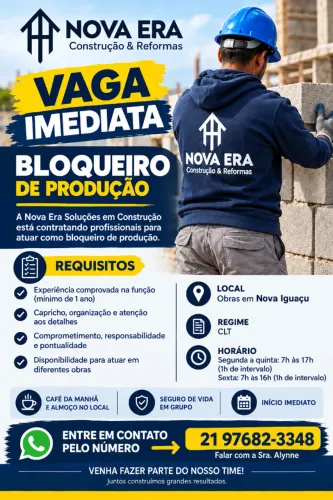 VAGA DE BLOQUEIRO DE PRODUÇÃO - ÍNICIO IMEDIATO