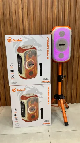 Caixa de som golden pro power box 3 com tripé e microfone 