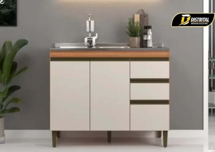 Balcão Para Cozinha com Tampo 3 Gavetas 2 Portas 120cm Cecília Pronta Entrega