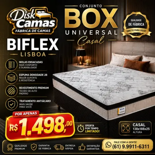 Cama Box Casal 138x188 Biflex Lisboa | Colchão + Base Box Universal | Direto da Fábrica