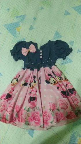 Vestido Infantil Minnie Rosa E Jeans Com Pérolas