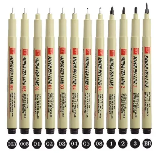 Conjunto 12 canetas técnicas Chotune Mipor Pen Line Black Fineliear Set.