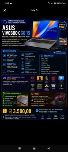 Vendo AsusVivobook Go 15 - 16Gbs de RAM DDR5 - 480Gbs SSD M.2