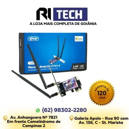 Placa de Rede WiFi + Bluetooth 5.2 PCI-E 1200Mbps Knup T136X PC