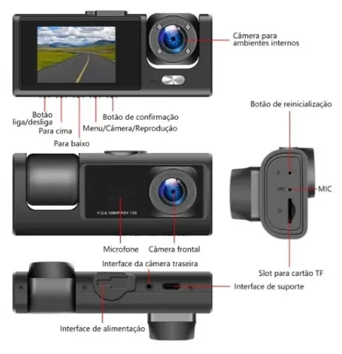 Câmera Automotiva Veicular Carro Hd Noturna 1080p 2k Dashcam 2 Lentes