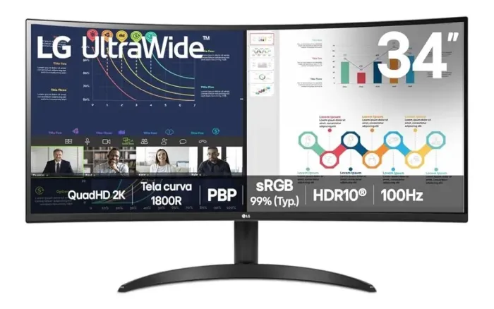 Monitor LG UltraWide? Curvo - Tela VA de 34?, 21:9, WQHD, sRGB 99%, HDR10, 100Hz, 5ms